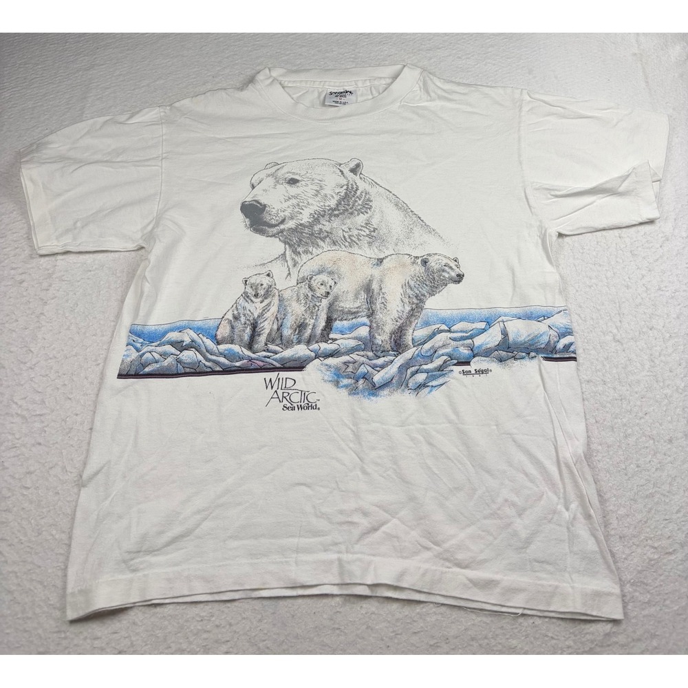 Vintage 1991 Sea World Wild Arctic Polar Bear T-Shirt San Segal White Mens M